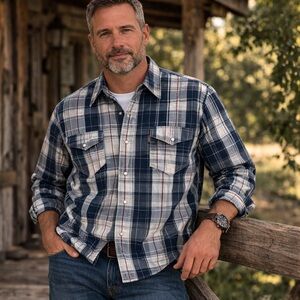 Levi’s Western Pearl Snap Mens Size XXL Blue & White Plaid Lightweight EUC